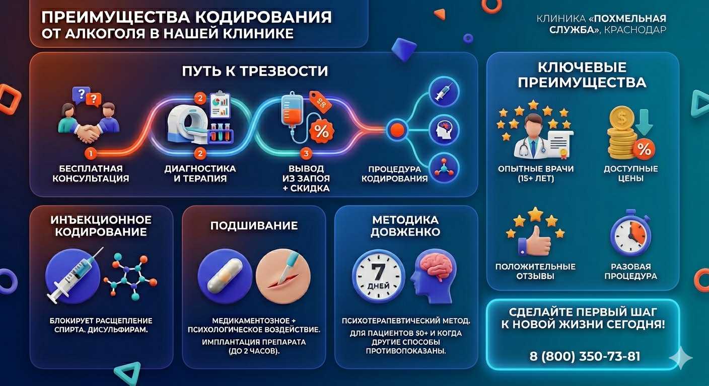 Инфографика о методах кодирования от алкоголя в Чистополе: инъекции, подшивание, метод Довженко. Преимущества клиники и этапы лечения.
